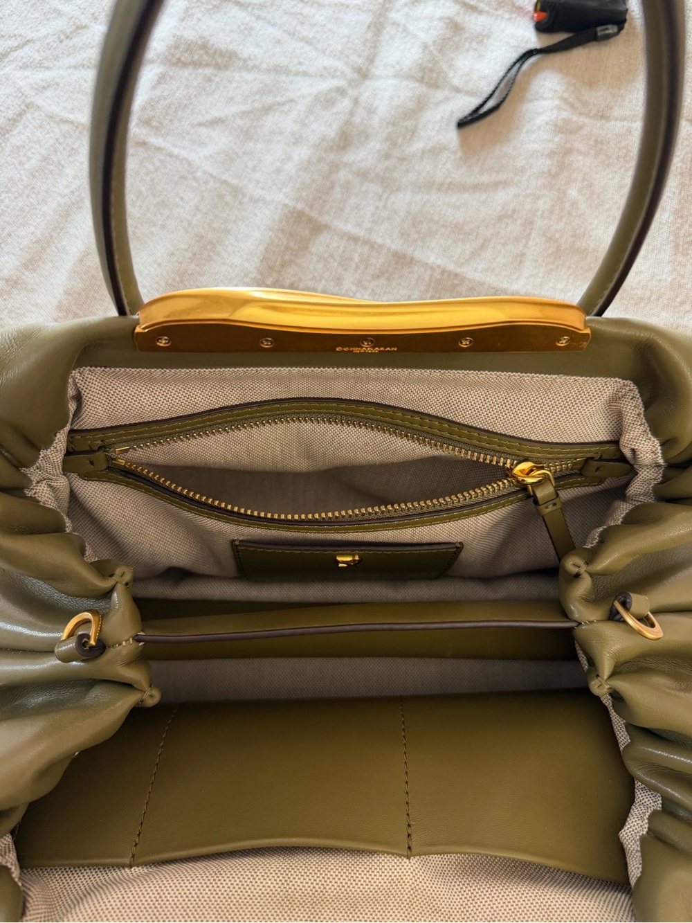 Donna Karan Olive Green Leather Satchel with Gold Accent - Picture 5 of 15